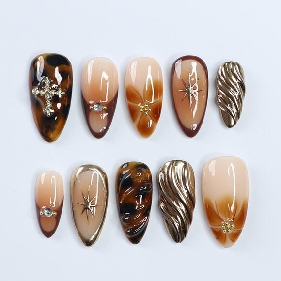 Hand Crafted Other - Press On Nails with Tortoise Shell and Gold 3D Accents, Medium Almond Brown